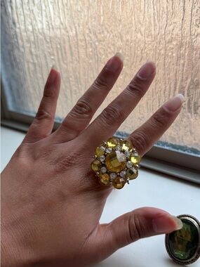 Yellow Crystal Cluster Cocktail Ring & Floral Ring